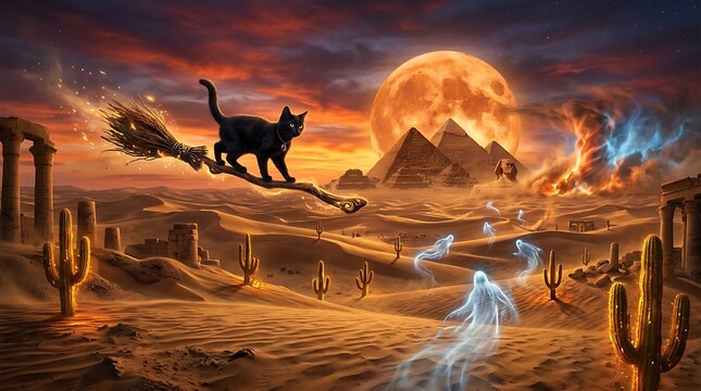 Mystical black cat flying with broomstick over ancient Egyptian desert ruins