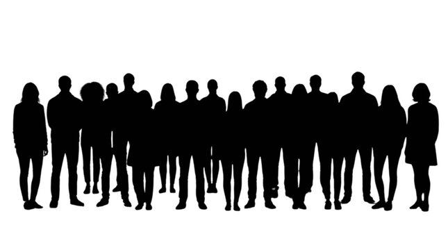 Silhouette group of people standing together isolated on transparent background