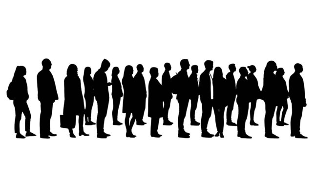 Silhouettes of people standing in a line isolated on transparent background