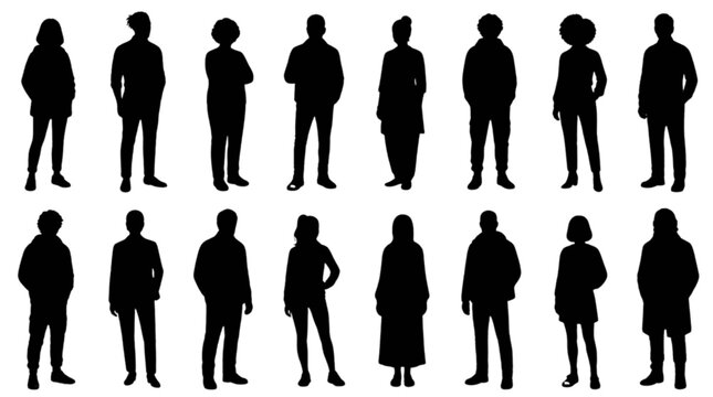 Silhouette people walking in a row isolated on transparent background