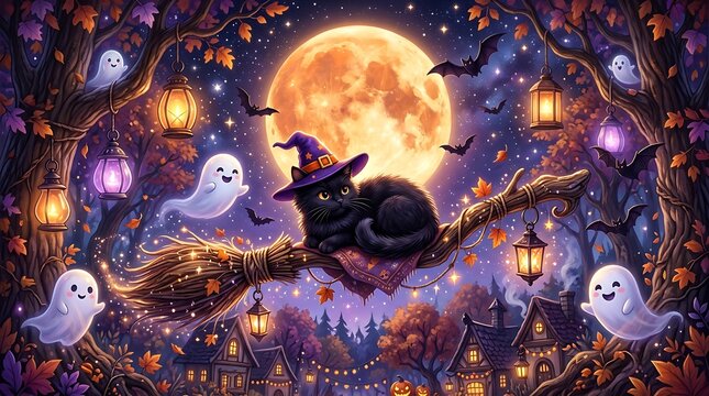 Black Cat Witch Flying Broom Halloween Scene Under Glowing Moon