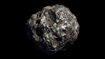 Fototapeta premium Asteroid floats through the deep darkness of outer space as a jagged celestial body with a cratered rocky surface that reflects the distant light from nearby stars in the vast cosmic vacuum.
