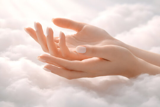 Gentle hands cradling cream pearl against soft dreamy cloud background