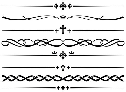 Ornamental horizontal line dividers set with religious crosses crowns and celtic patterns.