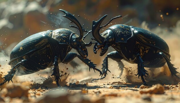Two giant beetles with formidable mandibles engaged in intense territorial combat on dusty ground