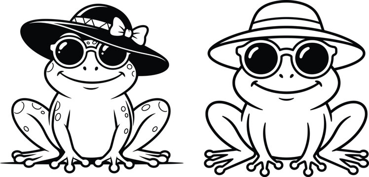 Black and white outline frog characters with hats and sunglasses