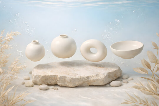 Levitating white ceramic vases over stone slab with dreamy underwater backdrop