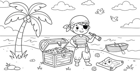 Pirate boy looking through telescope with treasure chest coloring page