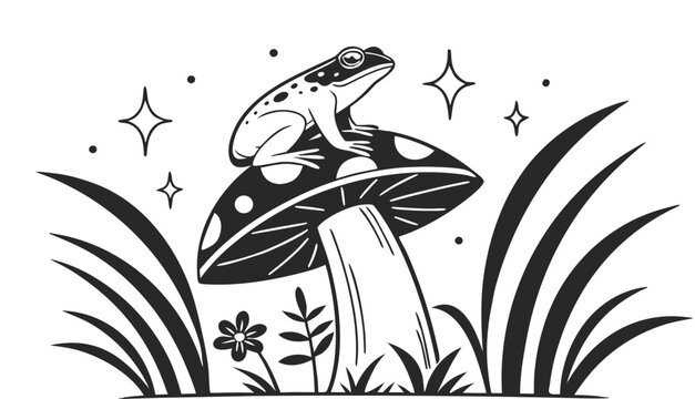 A stylized black and white ink illustration featuring a frog sitting atop a large mushroom. The frog is positioned in the center, facing left in profile, with its back and head decorated with celestia