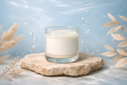 White candle in glass on stone with dried leaves and dreamy blue background