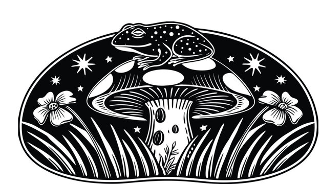 A stylized black and white ink illustration featuring a frog sitting atop a large mushroom. The frog is positioned in the center, facing left in profile, with its back and head decorated with celestia