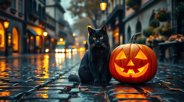 Black Cat Sitting Beside Lit Jack O Lantern On Wet Street At Night