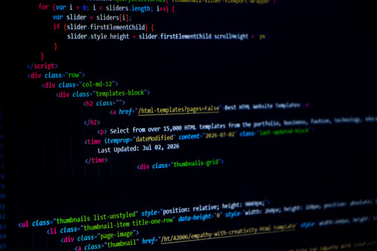 Coding or programming screen of web developer or software developer. Technology abstract background of coding screen for web design, software development, data analysis, data security concept.