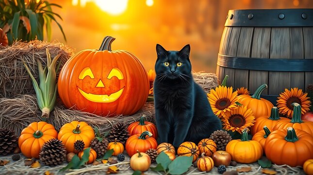 Black Cat Sitting Amidst Pumpkins And Autumn Harvest Decorations At Sunset
