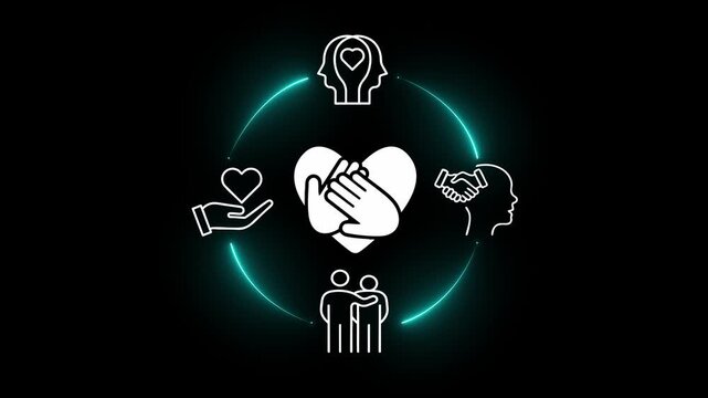 Empathy concept on the black background. The power of emotional intelligence, soft skill development. Empathy in the workplace, good leaders, good teams. Motion graphics of compassion idea. HD video