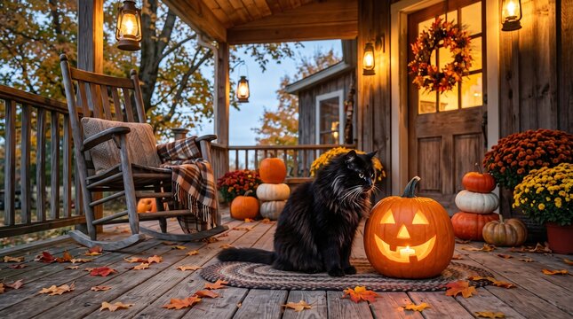 Black Cat Sitting Next To Carved Pumpkin On Cozy Porch During Autumn Evening