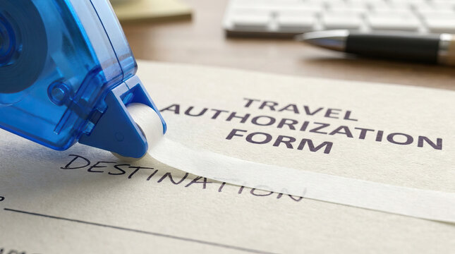 Blue correction tape roller, office supply, document correction, travel form, authorization form, destination text