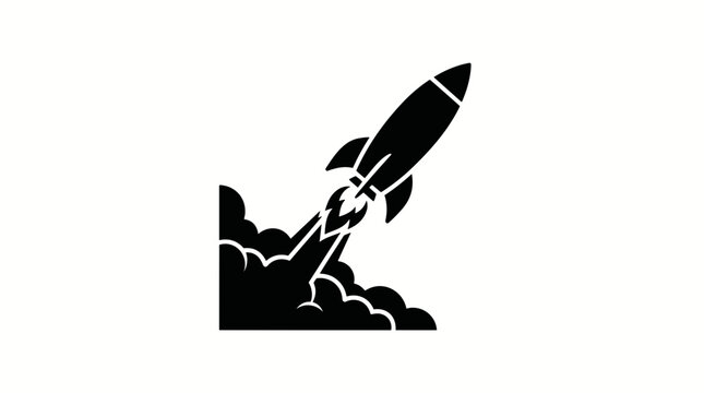 Black silhouette of a rocket launching upwards with smoke and fire from its engines against a white background
