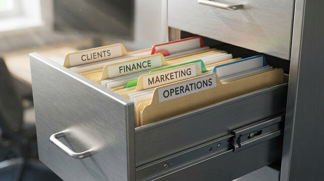 Open filing cabinet drawer with labeled office file folder tabs in metal cabinet, organized business record storage, closeup, selective focus