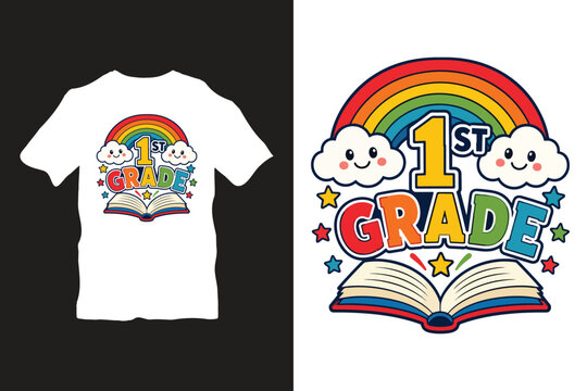 Colorful 1st Grade Rainbow T-Shirt Design, Kids Education Vector Graphic, School Illustration