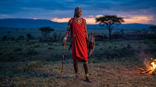 Masai Warrior Standing Proudly in Traditional Attire at Dusk with Campfire and Village in Background