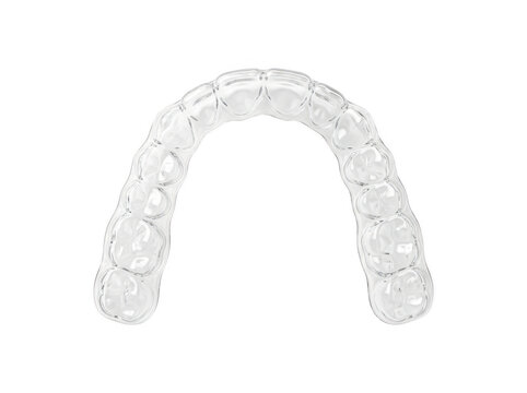 Clear plastic dental retainer with evenly spaced teeth alignment grooves.