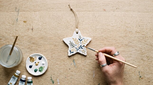 Close-up of artist hand painting ceramic star ornament with botanical floral doodle illustration in studio