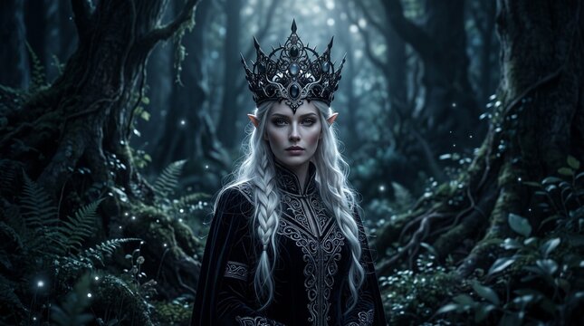 Mysterious Elf Queen with Crown in Enchanted Forest at Night with Fireflies
