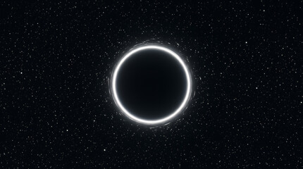 Obraz premium Black hole features a glowing white event horizon encircling a dark gravitational singularity, set against a backdrop of distant stars that emphasize the intense power of this cosmic phenomenon.