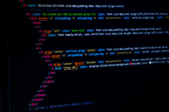 Coding or programming screen of web developer or software developer. Technology abstract background of coding screen for web design, software development, data analysis, data security concept.