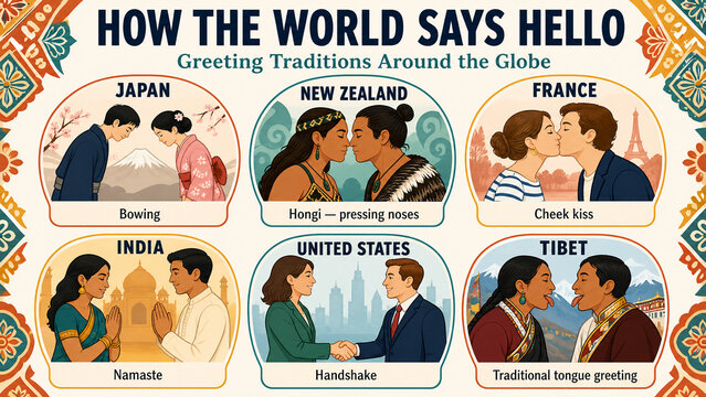 Greeting tradition around the globe infographic, how the world says hello diagram, vector educational poster with international cultural gesture and custom