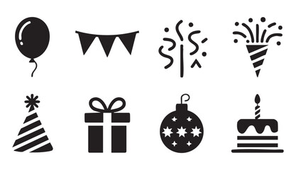 Set of celebration icons including balloons party bunting confetti firework hat gift box and cake. © MdNasir