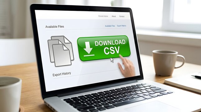 Laptop Screen Showing CSV File Download and Data Import Interface on Modern Workspace Desk