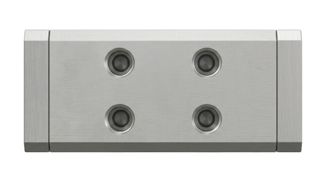 Gray industrial panel with four circular mounting holes for mechanical assembly.