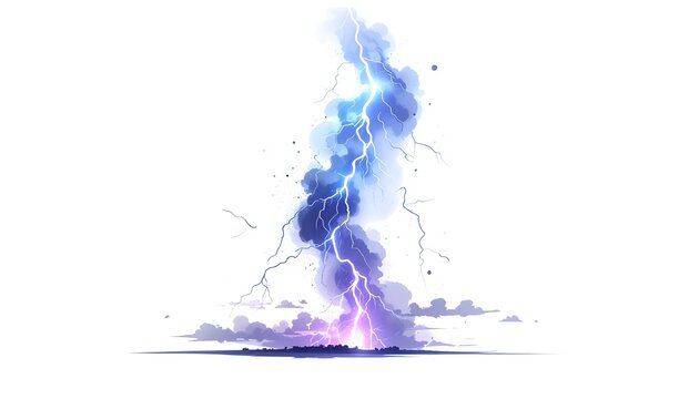 A vibrant, electric blue lightning bolt strikes from a cloud, emitting purple and pink hues