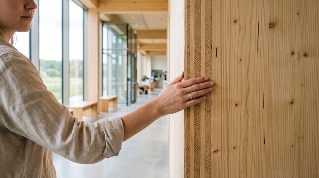 Close up of person hand touching natural laminated timber wall in modern office with laminated construction material