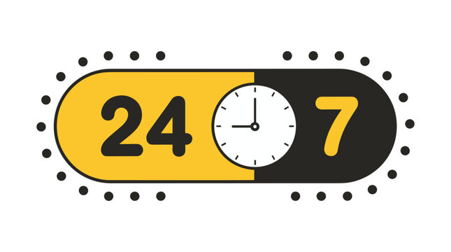 24/7 Availability Symbol. A modern, sleek design featuring a clock face integrated into the numbers 24 and 7, symbolizing constant availability and service around the clock.