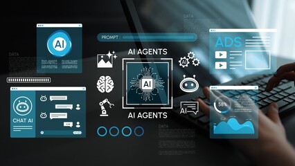 Fototapeta premium Innovative AI Agents Concept with Data Visualization, User Interface Elements, and Interactive Widgets for Modern Technology Applications. Entropy.