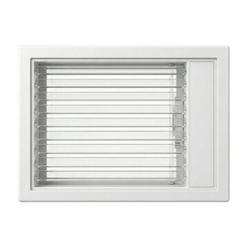 White ceiling vent with adjustable horizontal louver blades for airflow control.