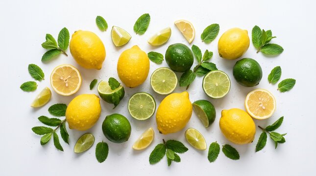 Arrangement of fresh yellow lemons and green limes with mint leaves