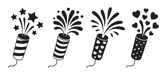 Confetti popper vector icons. flat party popper icon. popper explosion with hearts and stars. © MdNasir