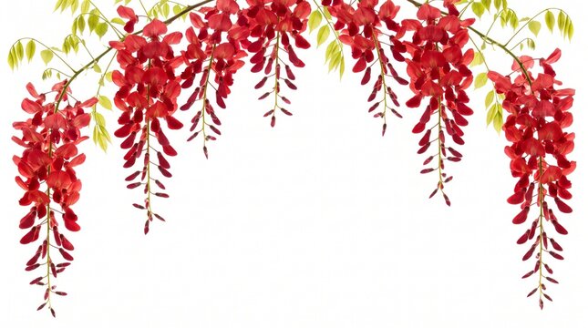 Hanging branch of red wisteria flowers on a white background with wisteria