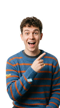Excited young man pointing sideways isolated on white background with transparent cutout format