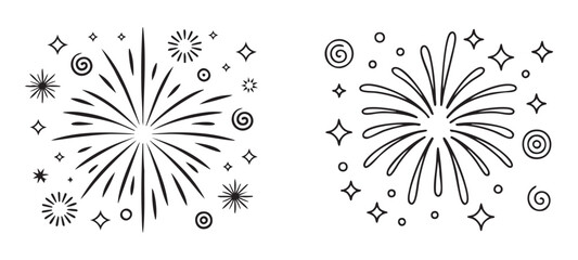 Obraz premium Set of fireworks icons. black outline doodle style fireworks explosion elements with sparkle.