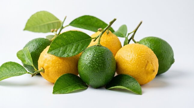 Fresh whole lemons and limes with green leaves on white background, isolated
