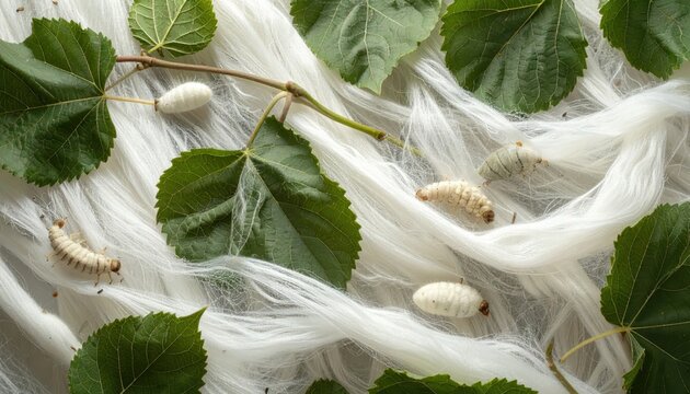 Silkworms Spinning Cocoons Amidst Mulberry Leaves and Raw Silk Fibers