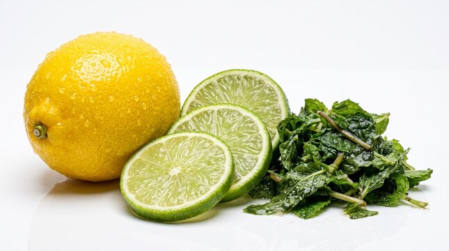 Whole lemon and fresh lime slices with mint leaves on white background