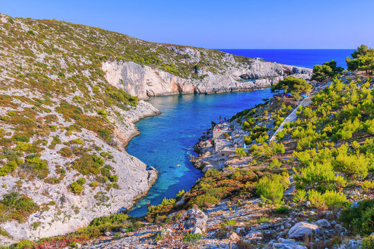 Zakynthos, Greece. View of Porto Limnionas, rocky beach on west coast.