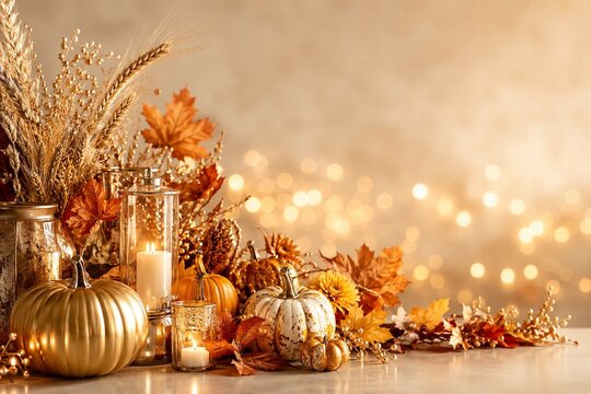 Elegant golden thanksgiving still life background with pumpkins, horizontal luxury autumn harvest with wheat ears candles and warm bokeh lights for greeting card