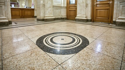 Obraz premium Elegant Terrazzo Floor Design with Circular Inlay in Ornate Building Lobby